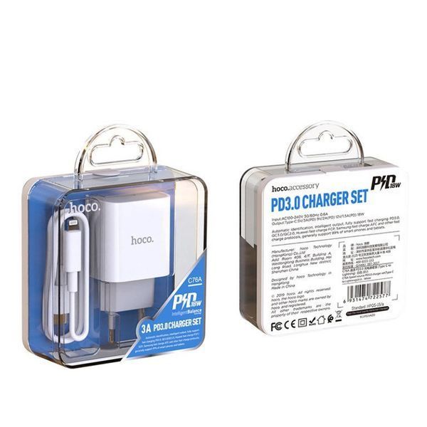Сетевое зарядное устройство HOCO C76A Plus Speed Youd PD20W charger set(C to iP) White 6931474746924 фото