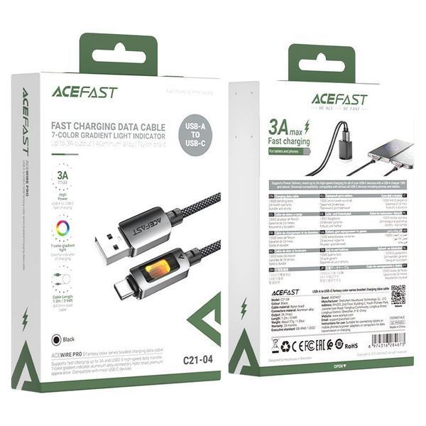 Кабель ACEFAST C21-04 USB-A to USB-C fantasy color series braided Charging data cable Black 6974316284673 фото