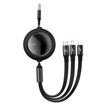 Кабель Baseus Bright Mirror 2 Series Retractable 3-in-1 Fast Charging Data Cable USB to M+L+C 66W 1.1m Black CAMJ010101 фото