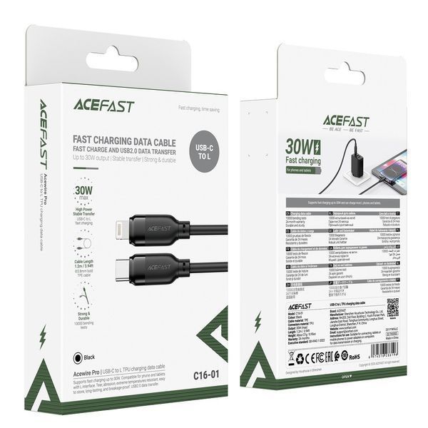 Кабель ACEFAST C16-01 TPU charging data cable USB-C to L Black 6974316286196 фото