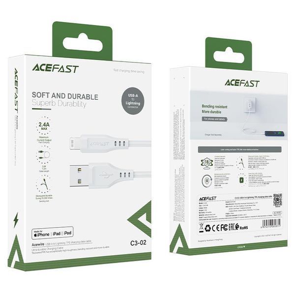 Кабель ACEFAST C3-02 USB to iP 2.4A, 1.2m, TPE, TPE connectors, White 6974316280835 фото