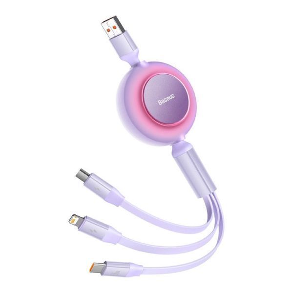 Кабель Baseus Bright Mirror 2 Series Retractable 3-in-1 Fast Charging Data Cable USB to M+L+C 66W 1.1m Purple CAMJ010105 фото