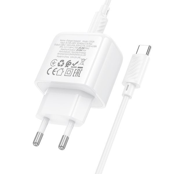 Мережевий зарядний пристрій з кабелем HOCO CS53A Surplus single port PD25W charger set(C to C) White 6942007631501 фото