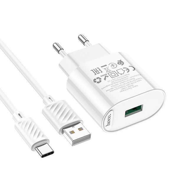 Мережевий зарядний пристрій HOCO C109A Fighter single port QC3.0 charger set(Type-C) White 6931474784834 фото