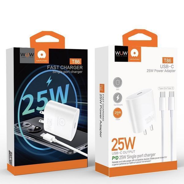 Мережевий зарядний пристрій з кабелем WUW-T86C PD 25W fast charger + USB C to USB C cable set 6972573338030 фото