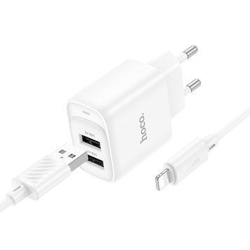 Мережевий зарядний пристрій з кабелем HOCO C141A Smart dual-port charger set(iP) White 6942007627870 фото