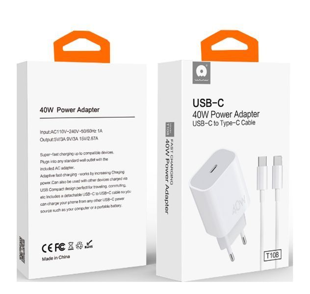 Мережевий зарядний пристрій з кабелем WUW-T108 PD 40W charger with C-C cable 6978749570358 фото