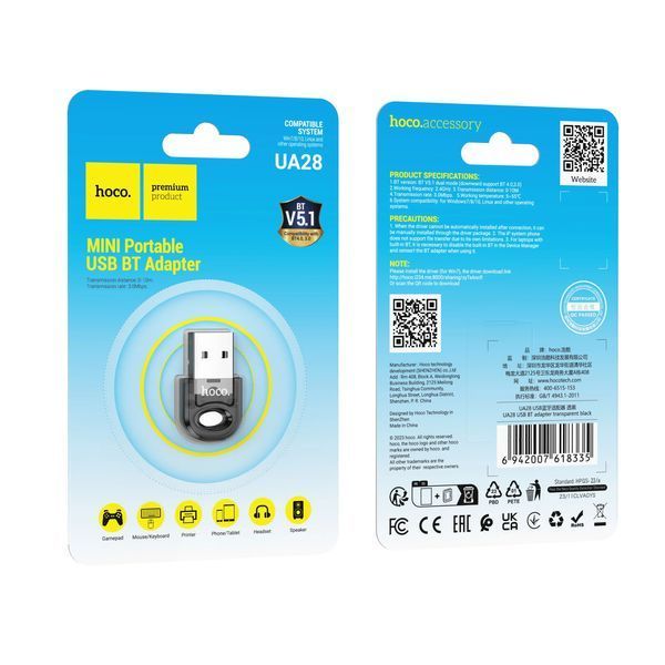 Адаптер Bluetooth HOCO UA28 USB BT adapter Black 6942007618335 фото