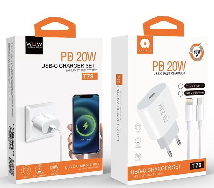Мережевий зарядний пристрій з кабелем WUW-T79L PD 20W USB C charger with type c to lightning cable 6972573336234 фото