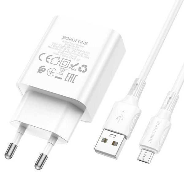 Мережевий зарядний пристрій з кабелем BOROFONE BA74A Aspirer single port charger set(Micro) White 6974443388664 фото