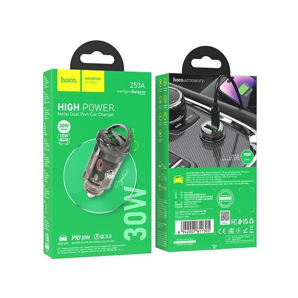 Автомобільний зарядний пристрій HOCO Z53A Vision PD30W+QC3.0 car charger Transparent Black 6942007611305 фото