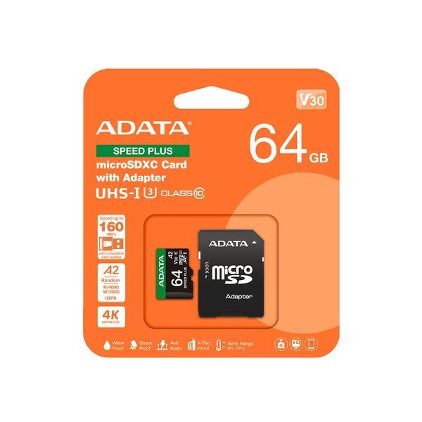 Карта пам'яті microSDXC (UHS-1 U3) A-DATA SPEED PLUS 64Gb Class 10 V30 A2 (R-160Mb/s W140Mb/s) (adapter SD) UD64GUI3V30A2SP-RA1 фото
